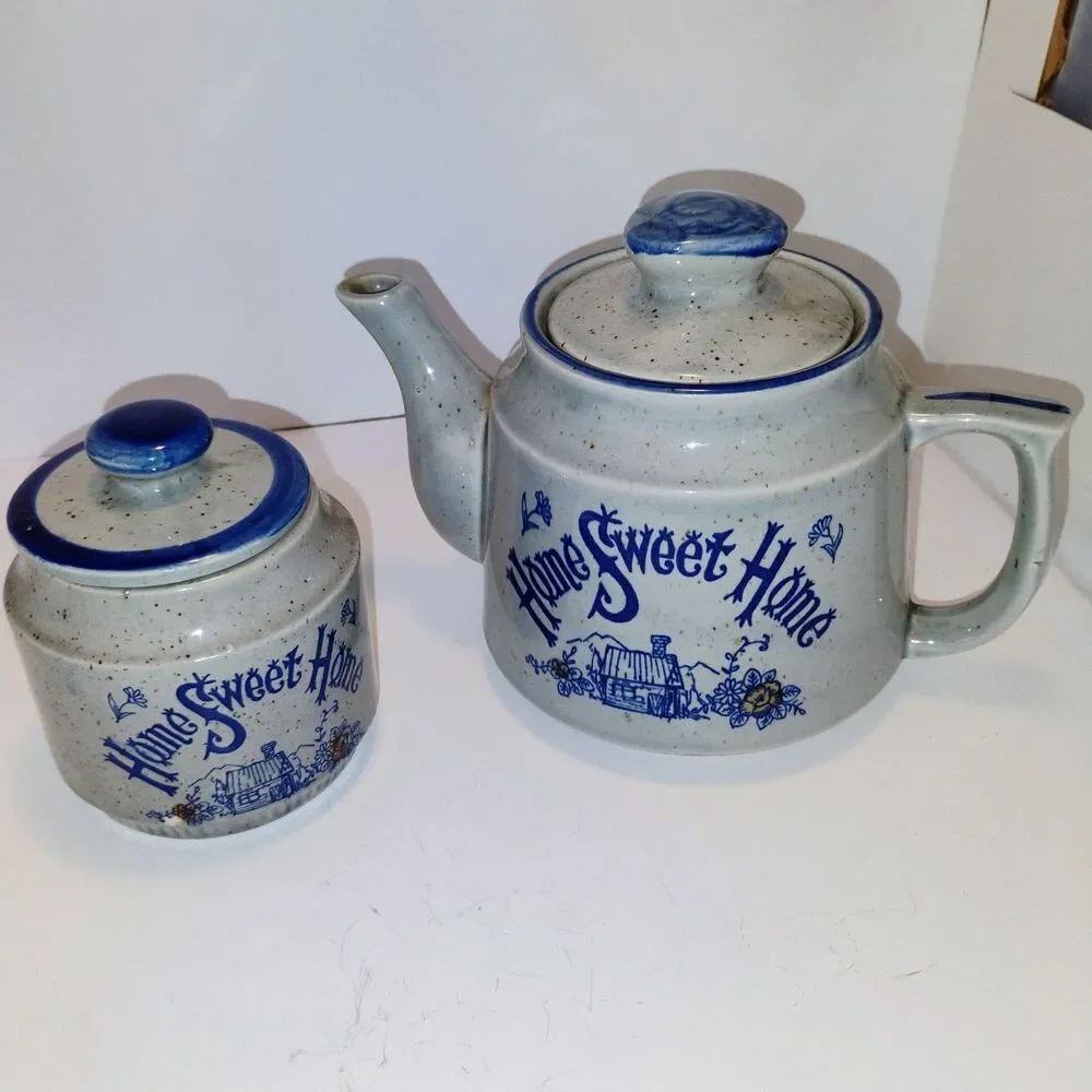 Vtg Home Sweet Home Teapot Sugar Bowl Set Stoneware Blue White Made in Japan